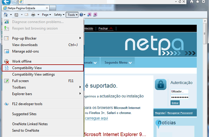 Menu Tools/Ferramentas, op&ccedil;&atilde;o Compatibility View/Vista de Compatibilidade