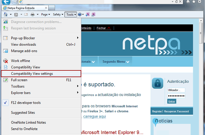 Menu Tools/Ferramentas, op&ccedil;&atilde;o Compatibility View settings/Defini&ccedil;&otilde;es da Vista de Compatibilidade